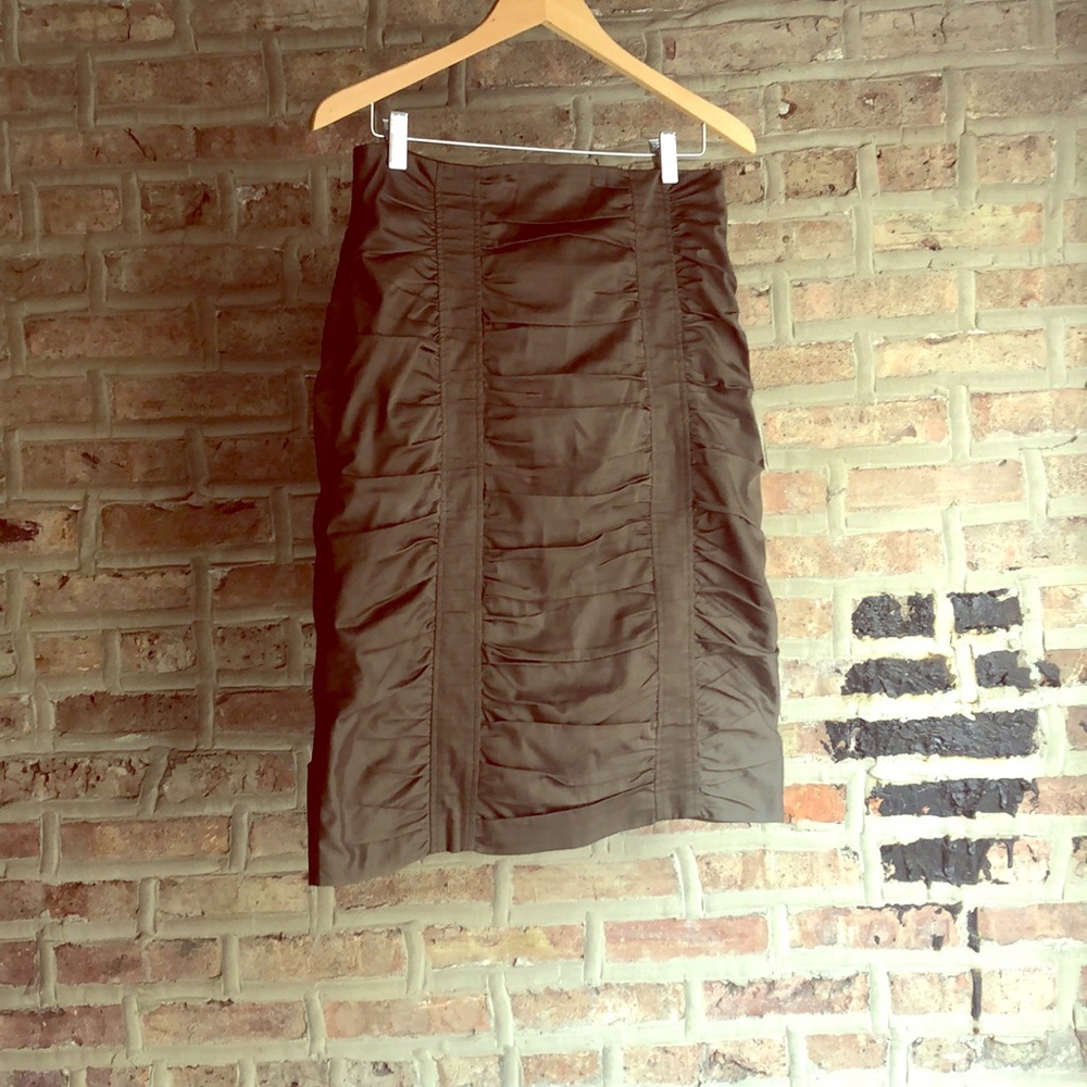 Ruched, army green side zip skirt, Nanette Lepore